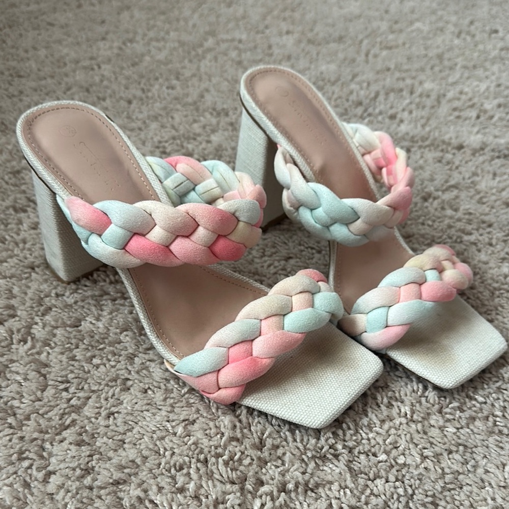 Amazon Pink and Blue Heels with Braided Design